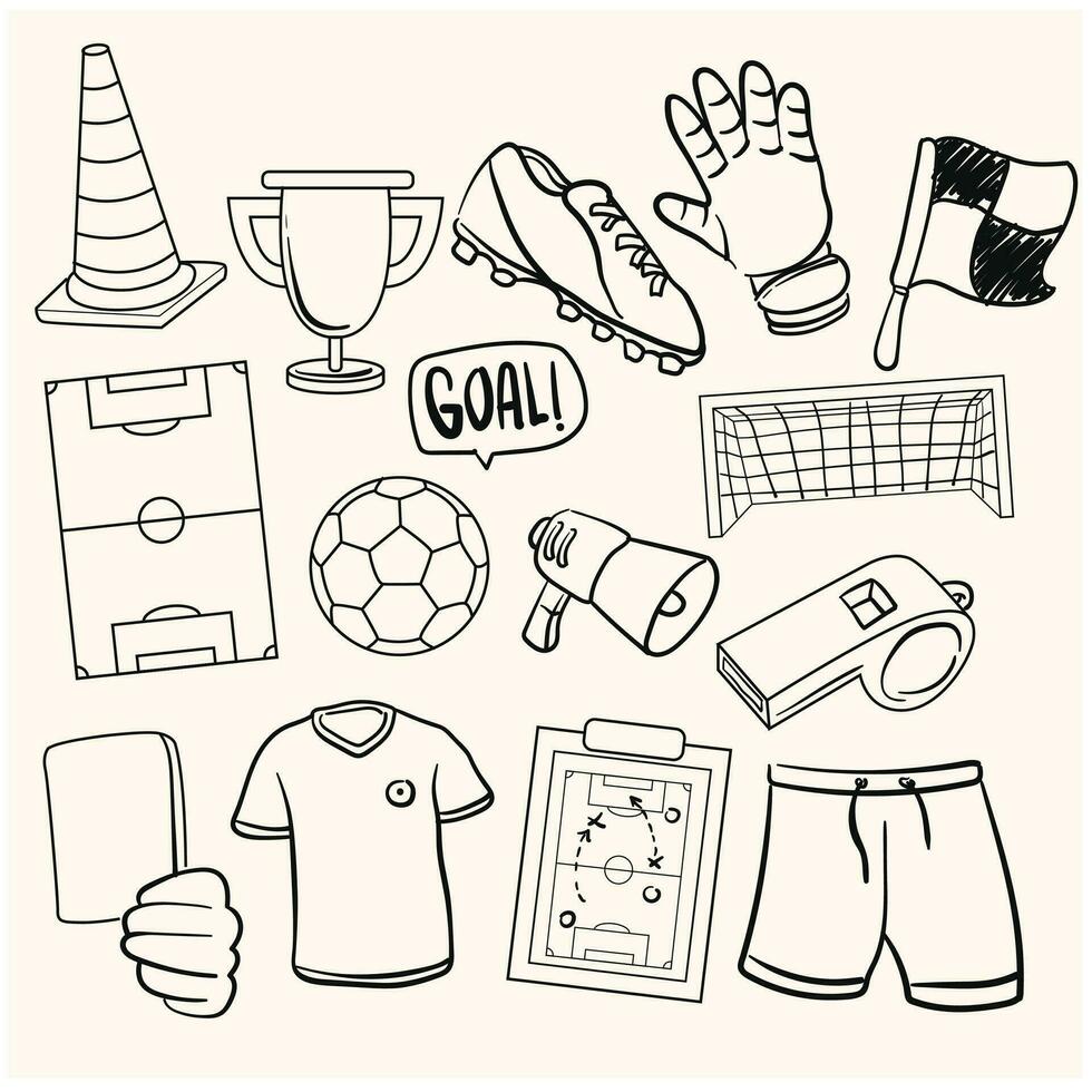 Set of Football Sports illustrations in doodle line art style with a Cream colored background vector