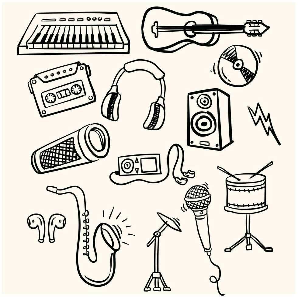 a collection of pictures of musical instruments with doodle line art style images and cream backgrounds vector