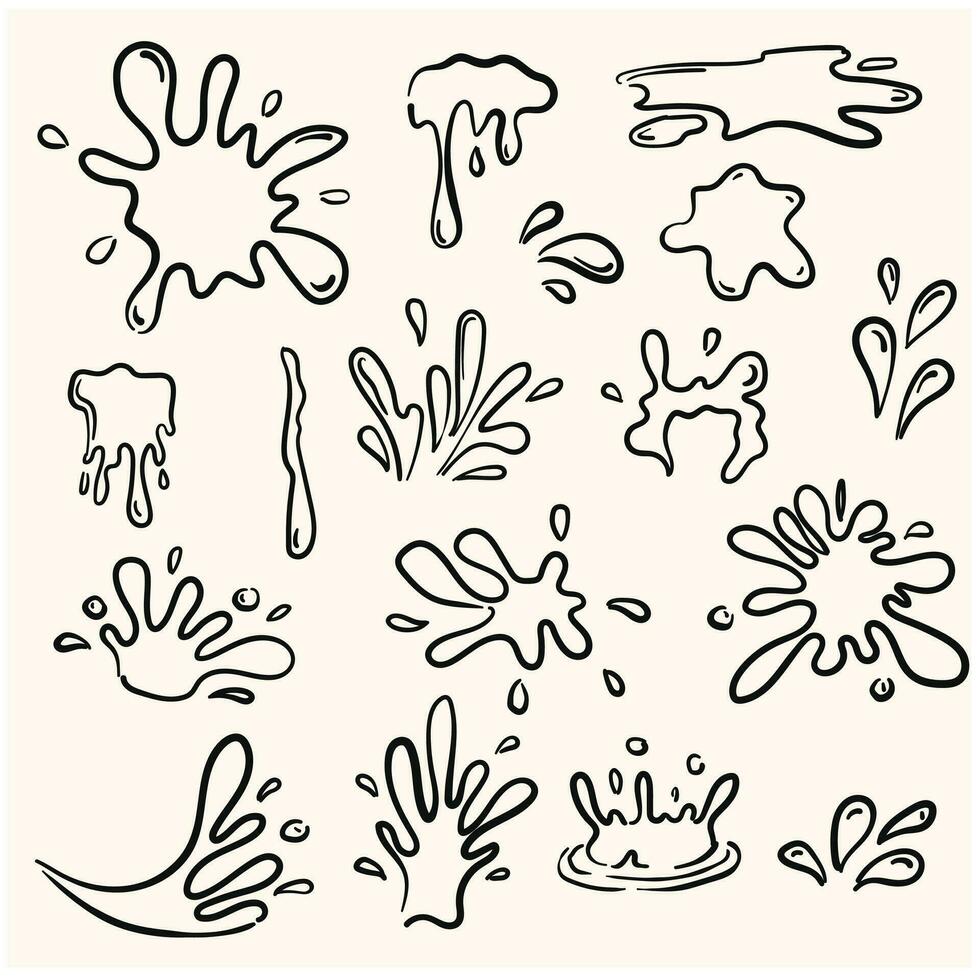 set of images of water drops in doodle line art style with a cream background vector