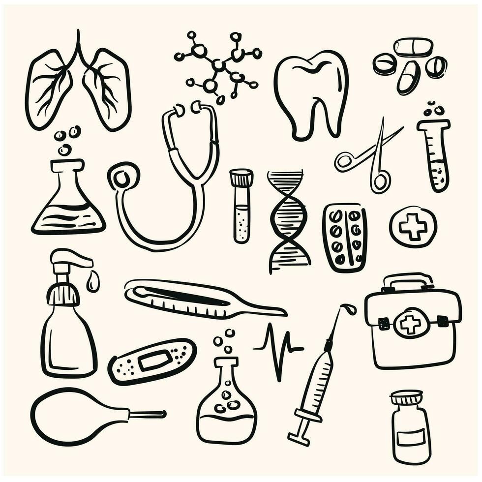 Hand drawn doodles, health and treatment service objects in doodle and line art style vector