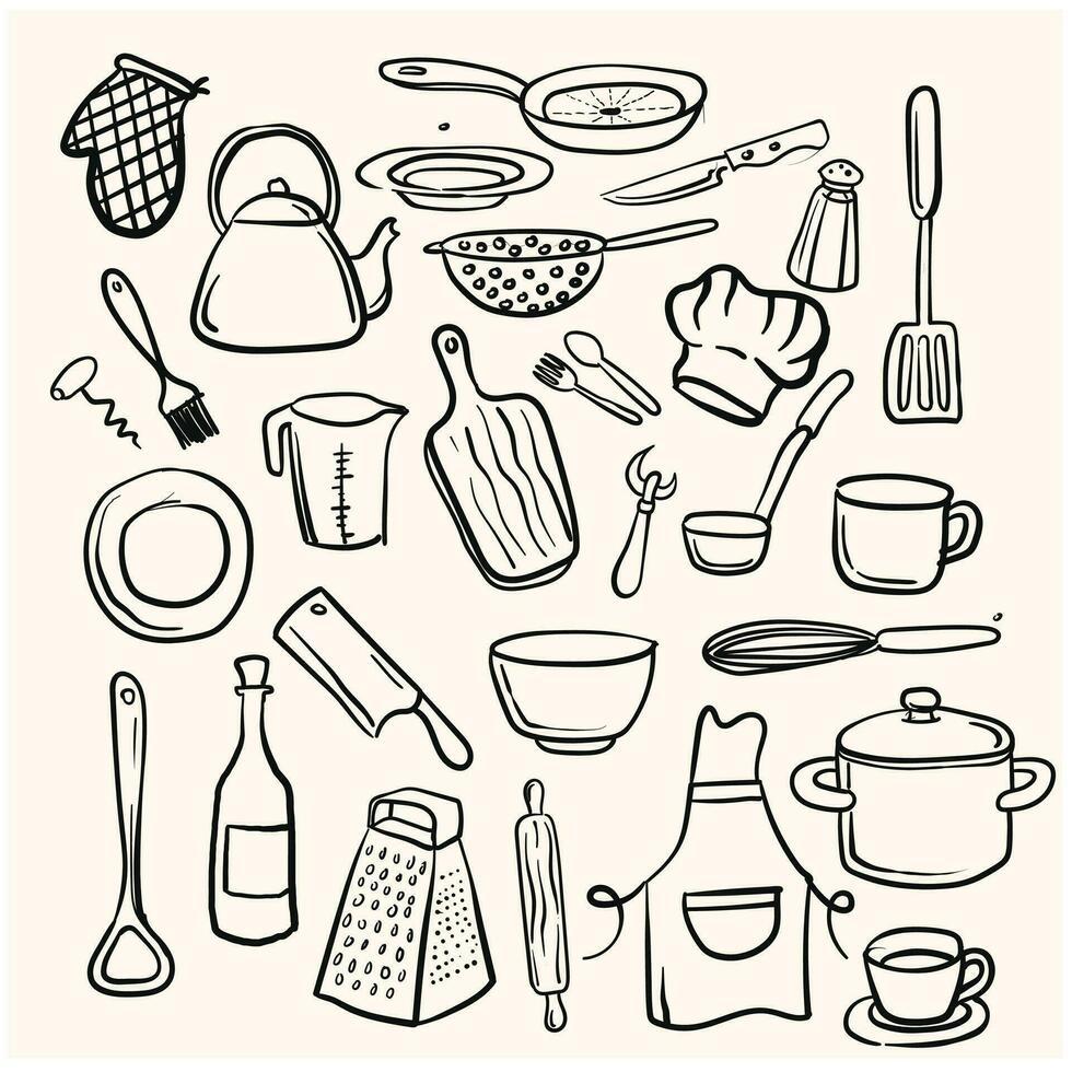 Set of kitchen utensils with doodle and line art style images vector
