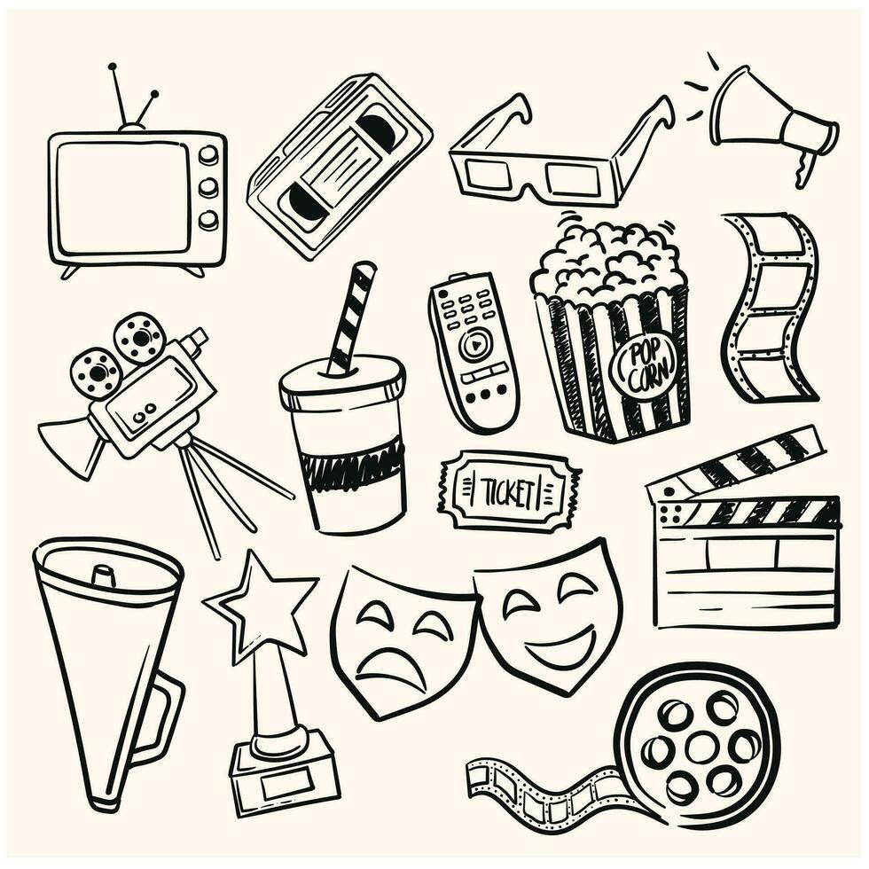 A collection of illustrations related to cinema and films with doodle line art style and cream background vector