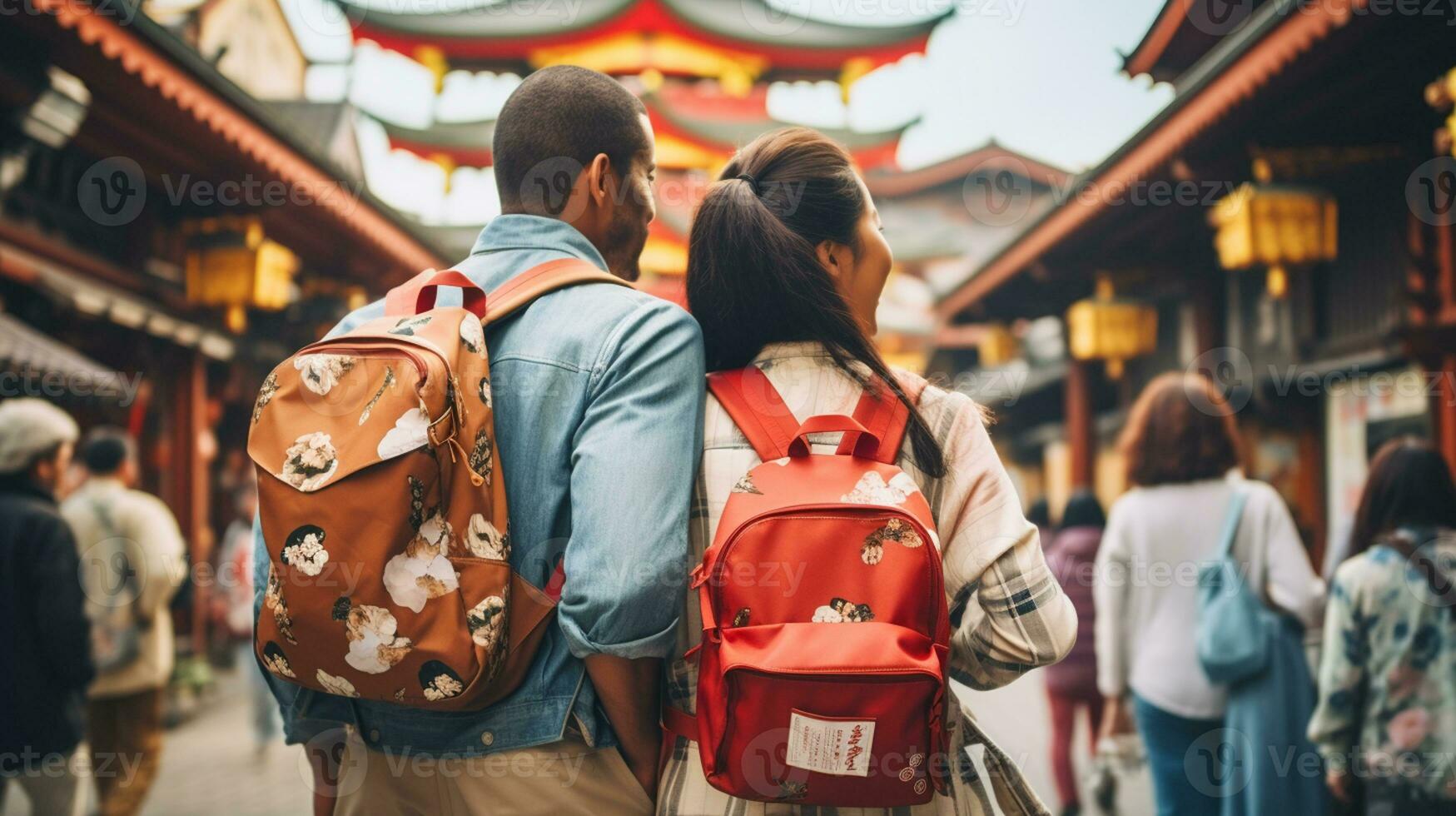 AI generated a photograph couple of traveler or backpaker with a many style and many angle photo