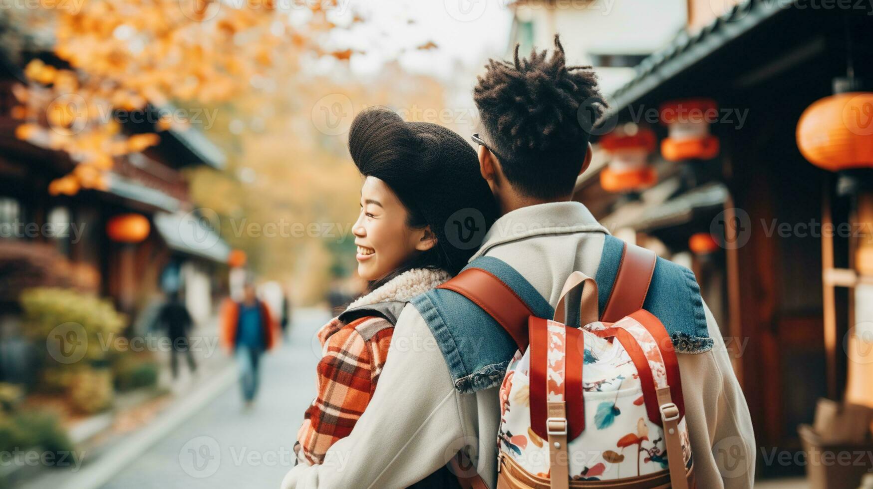 AI generated a photograph couple of traveler or backpaker with a many style and many angle photo