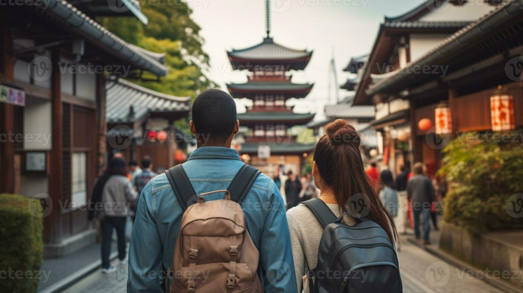AI generated a photograph couple of traveler or backpaker with a many style and many angle photo