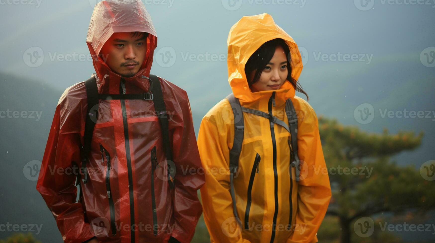 AI generated a photograph couple of traveler or backpaker with a many style and many angle photo