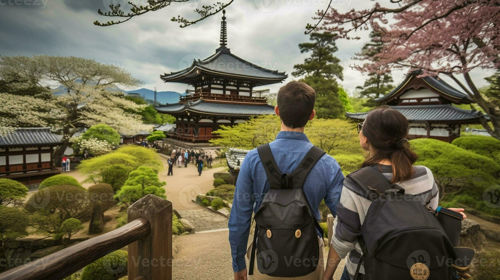 AI generated a photograph couple of traveler or backpaker with a many style and many angle photo