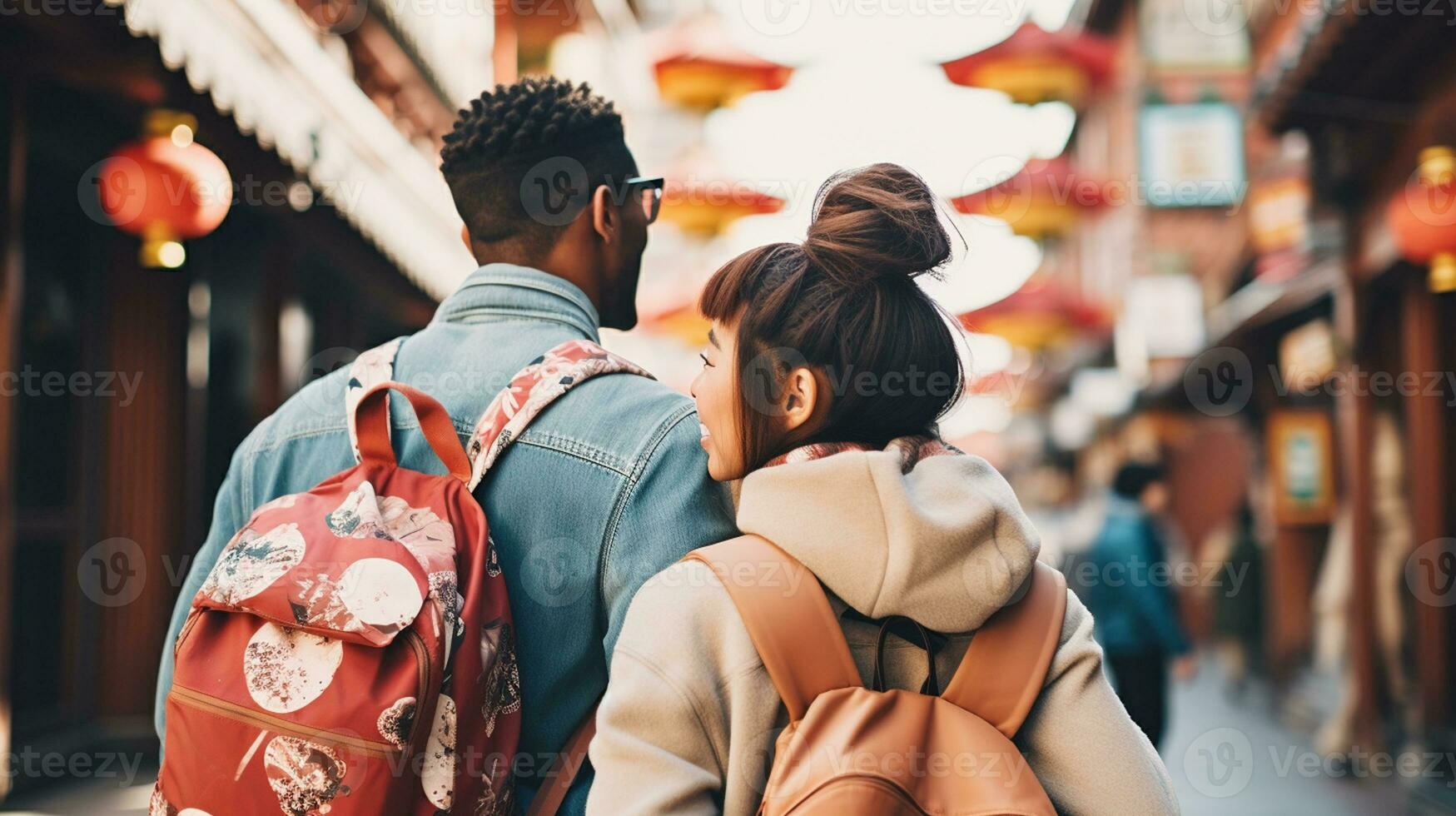 AI generated a photograph couple of traveler or backpaker with a many style and many angle photo