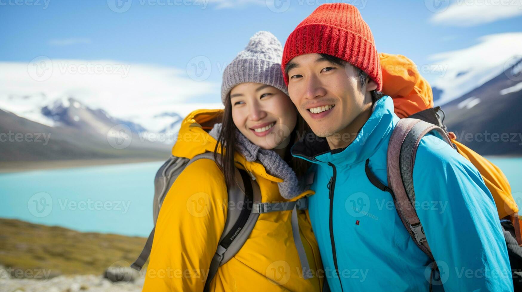 AI generated a photograph couple of traveler or backpaker with a many style and many angle photo