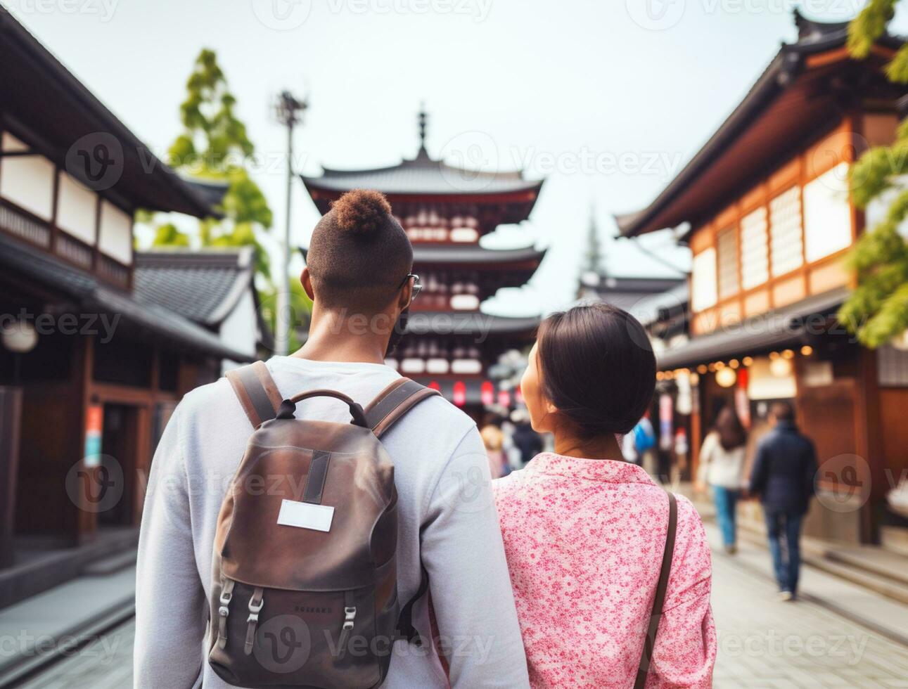 AI generated a photograph couple of traveler or backpaker with a many style and many angle photo