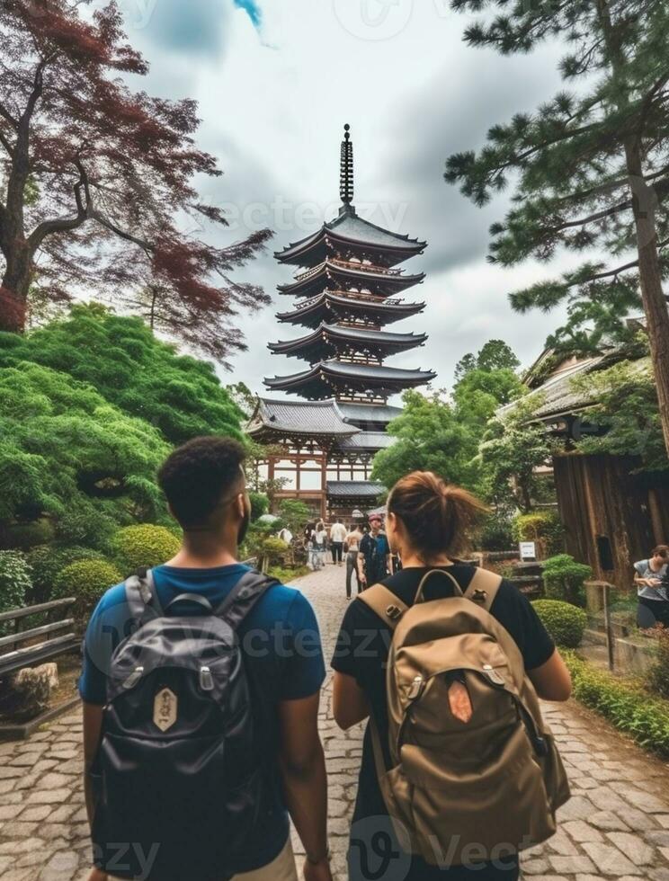 ai generado un fotografía Pareja de viajero o mochilero con un muchos estilo y muchos ángulo foto