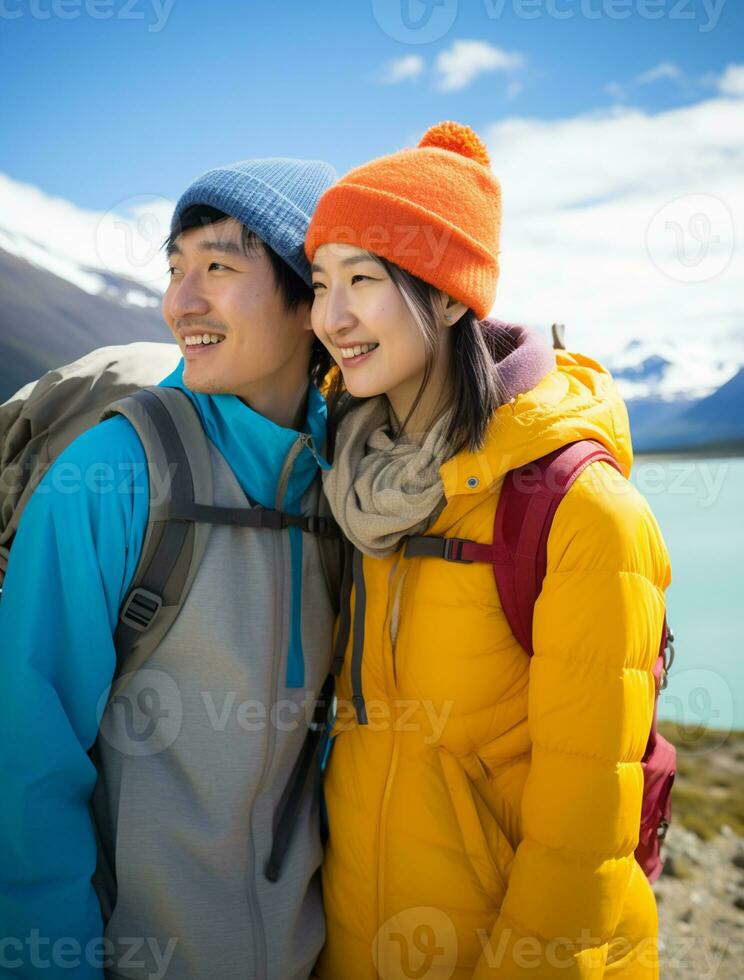 AI generated a photograph couple of traveler or backpaker with a many style and many angle photo