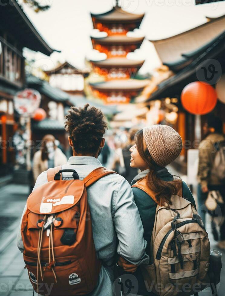 AI generated a photograph couple of traveler or backpaker with a many style and many angle photo