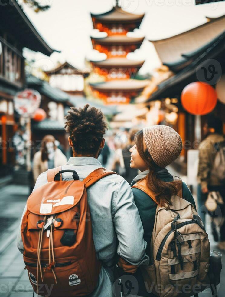 ai generado un fotografía Pareja de viajero o mochilero con un muchos estilo y muchos ángulo foto