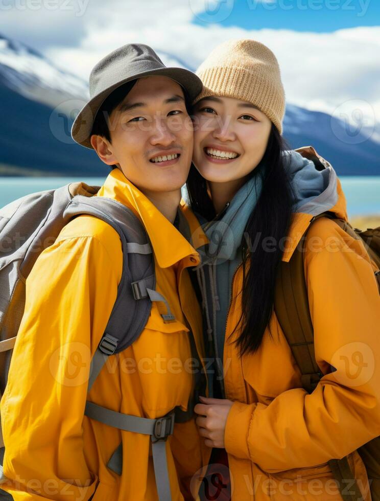 AI generated a photograph couple of traveler or backpaker with a many style and many angle photo