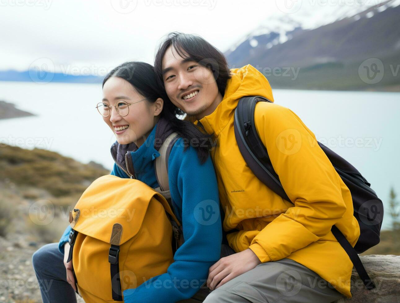 AI generated a photograph couple of traveler or backpaker with a many style and many angle photo