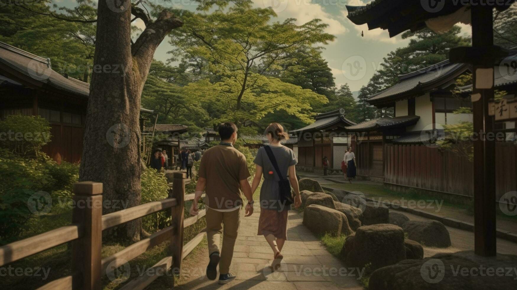 AI generated a photograph couple of traveler or backpaker with a many style and many angle photo