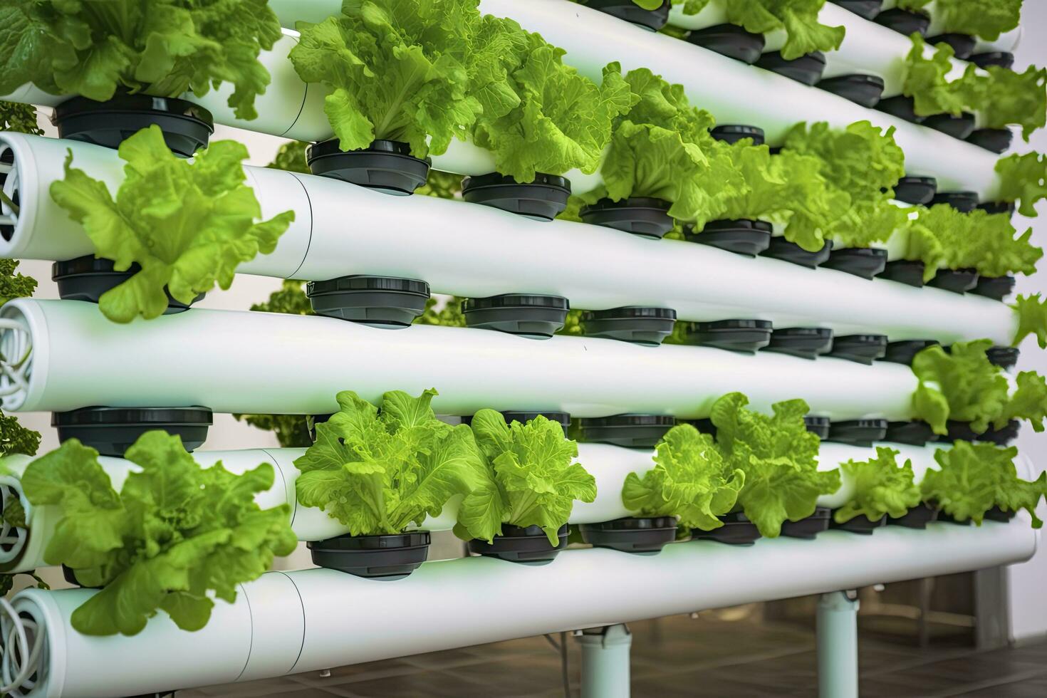AI generated Vertical Hydroponic Plant System With Cultivated Lettuces. AI Generated photo