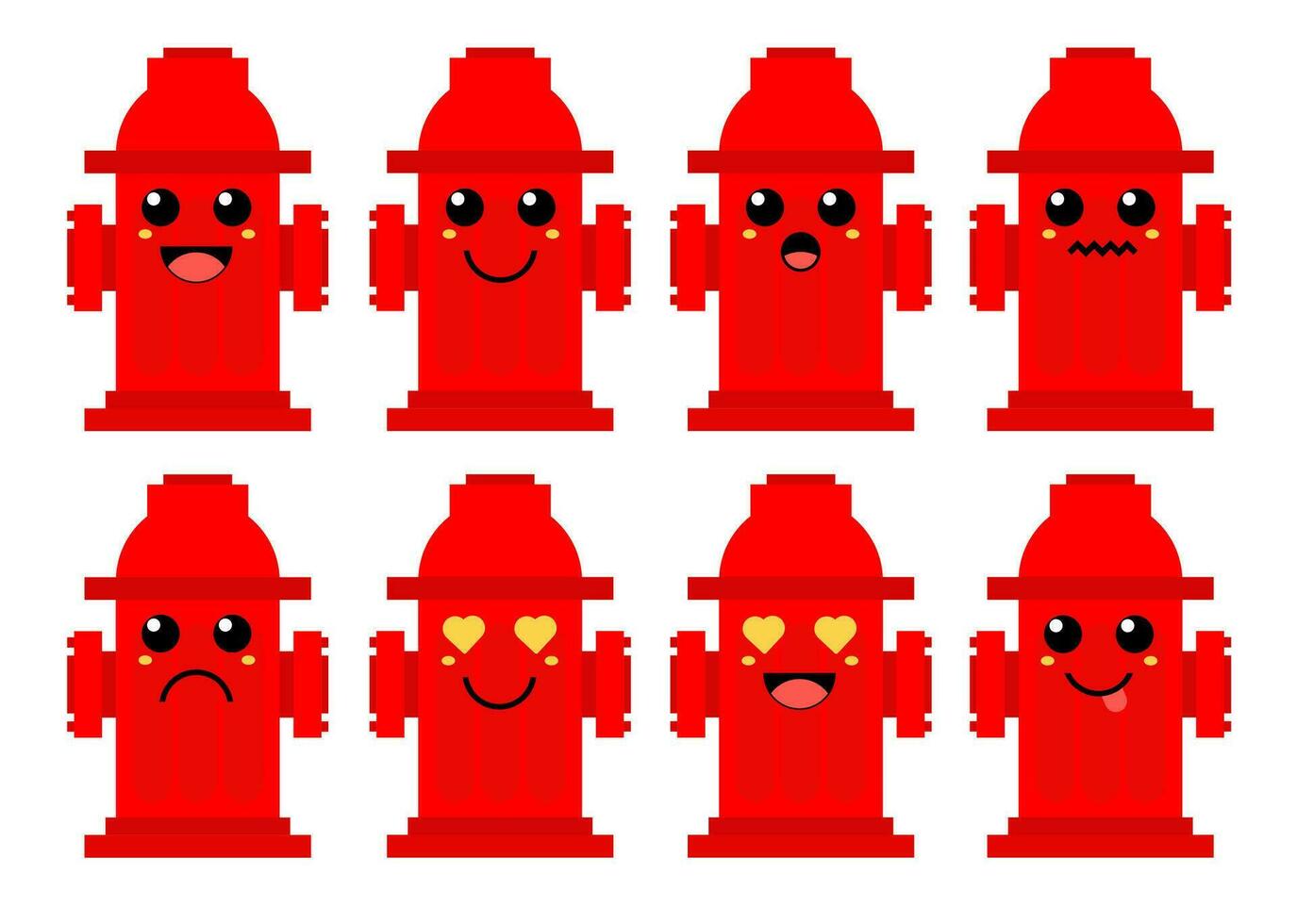 Set of cute cartoon colorful red fire hydrant with different emotions. Funny emotions character collection for kids. Fantasy characters. Vector illustrations, cartoon flat style