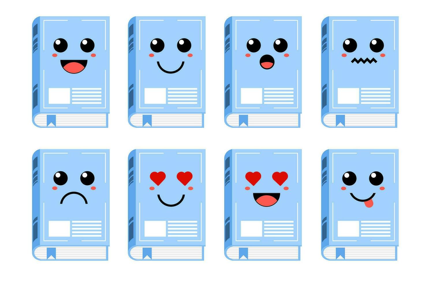 conjunto de linda dibujos animados vistoso azul libro con diferente emociones gracioso emociones personaje colección para niños. fantasía caracteres. vector ilustraciones, dibujos animados plano estilo