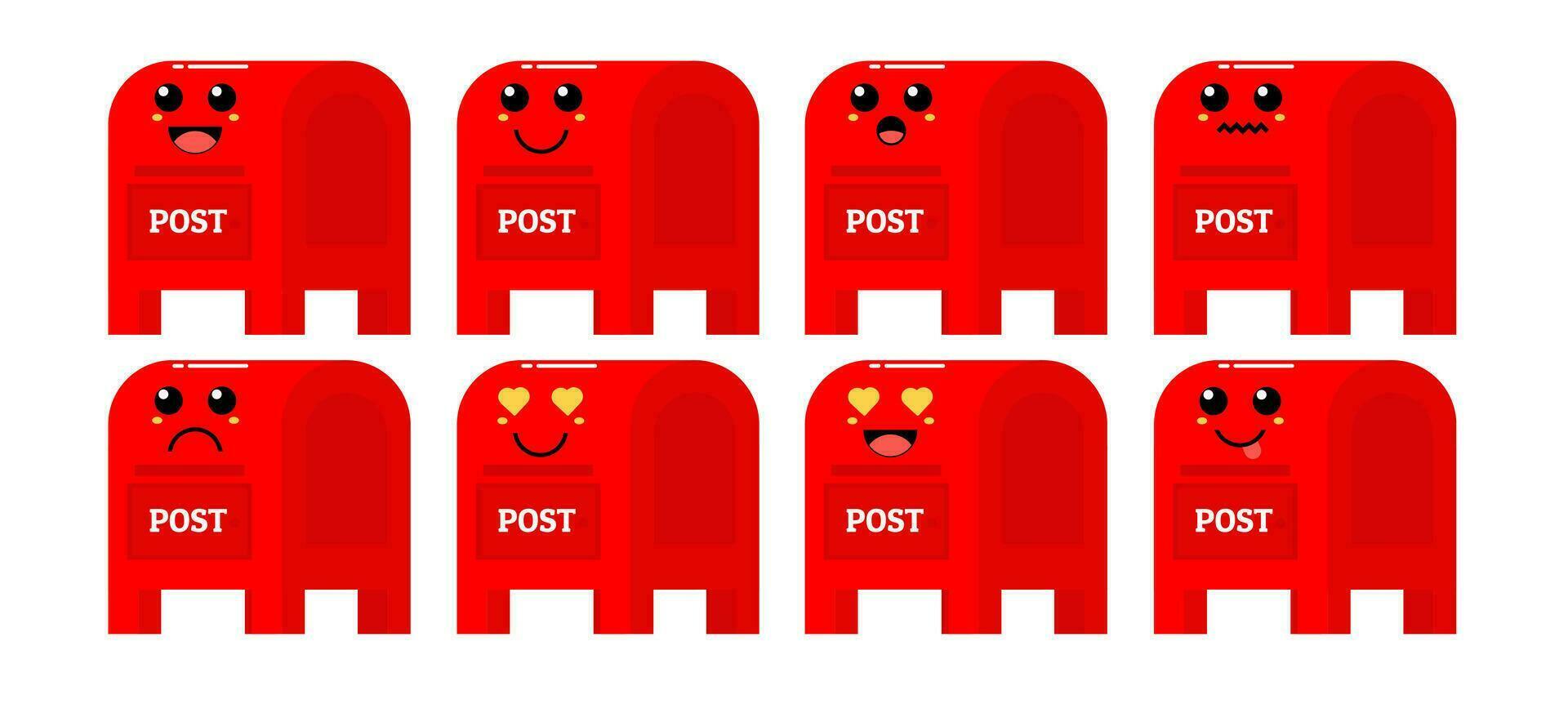 Set of cute cartoon colorful post box with different emotions. Funny emotions character collection for kids. Fantasy characters. Vector illustrations, cartoon flat style