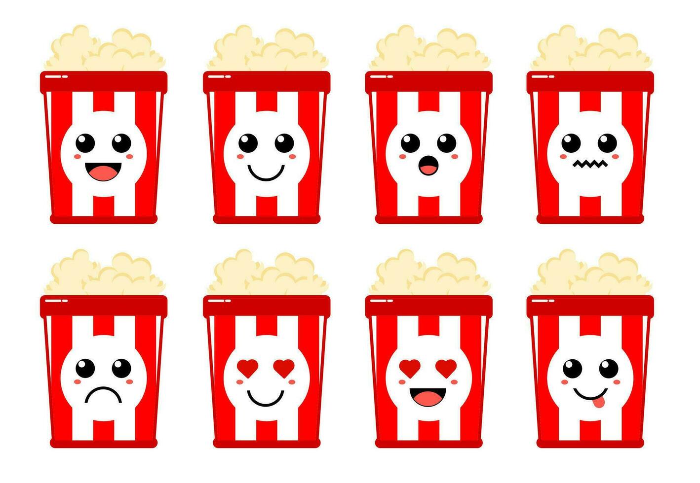 Set of cute cartoon colorful popcorn with different emotions. Funny emotions character collection for kids. Fantasy characters. Vector illustrations, cartoon flat style