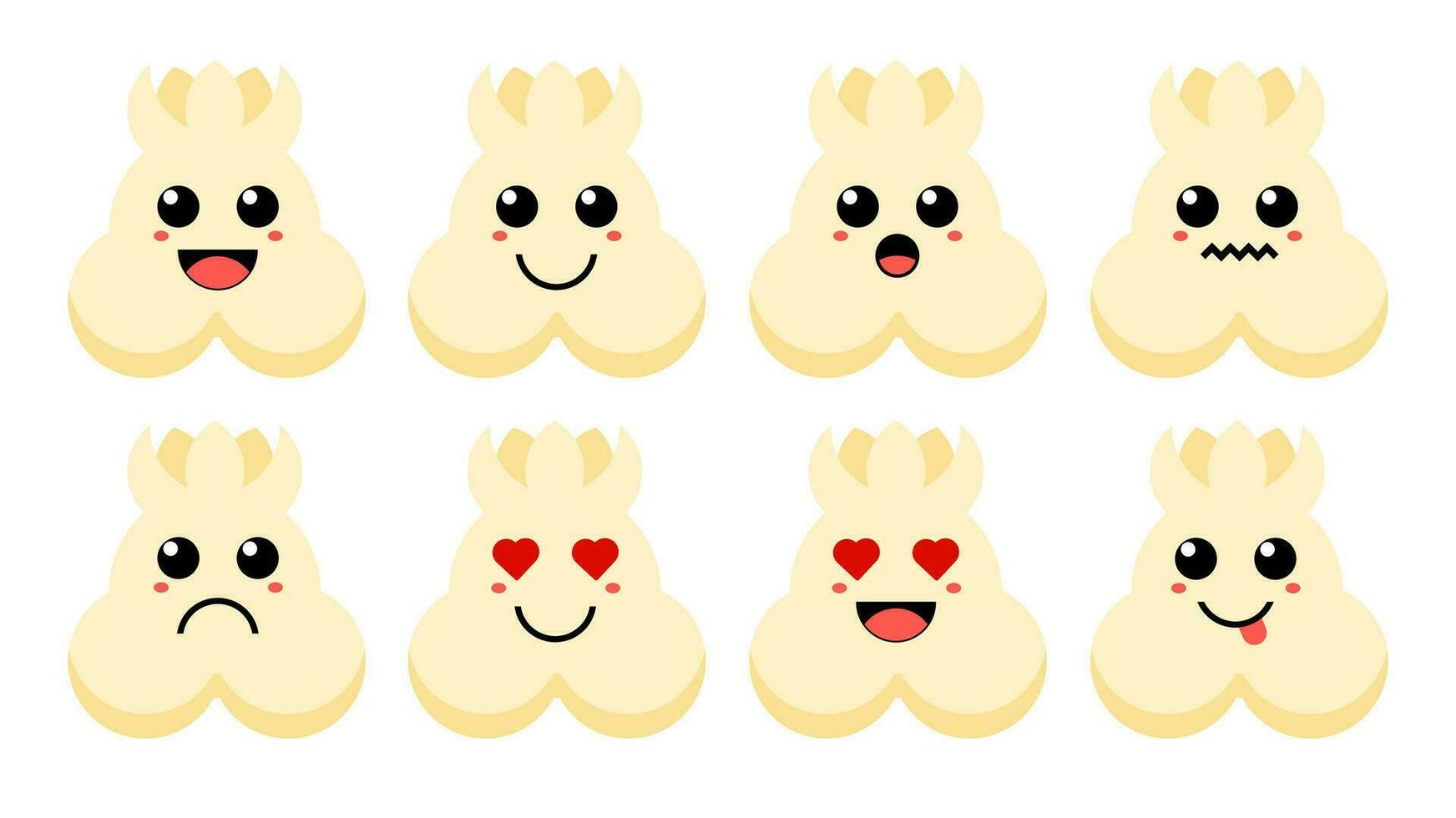 Set of cute cartoon colorful popcorn with different emotions. Funny emotions character collection for kids. Fantasy characters. Vector illustrations, cartoon flat style