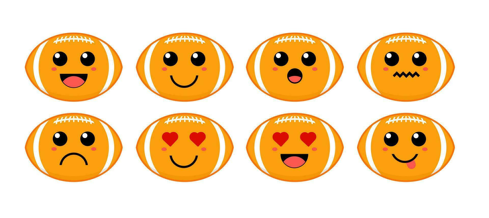 Set of cute cartoon colorful rugby ball with different emotions. Funny emotions character collection for kids. Fantasy characters. Vector illustrations, cartoon flat style