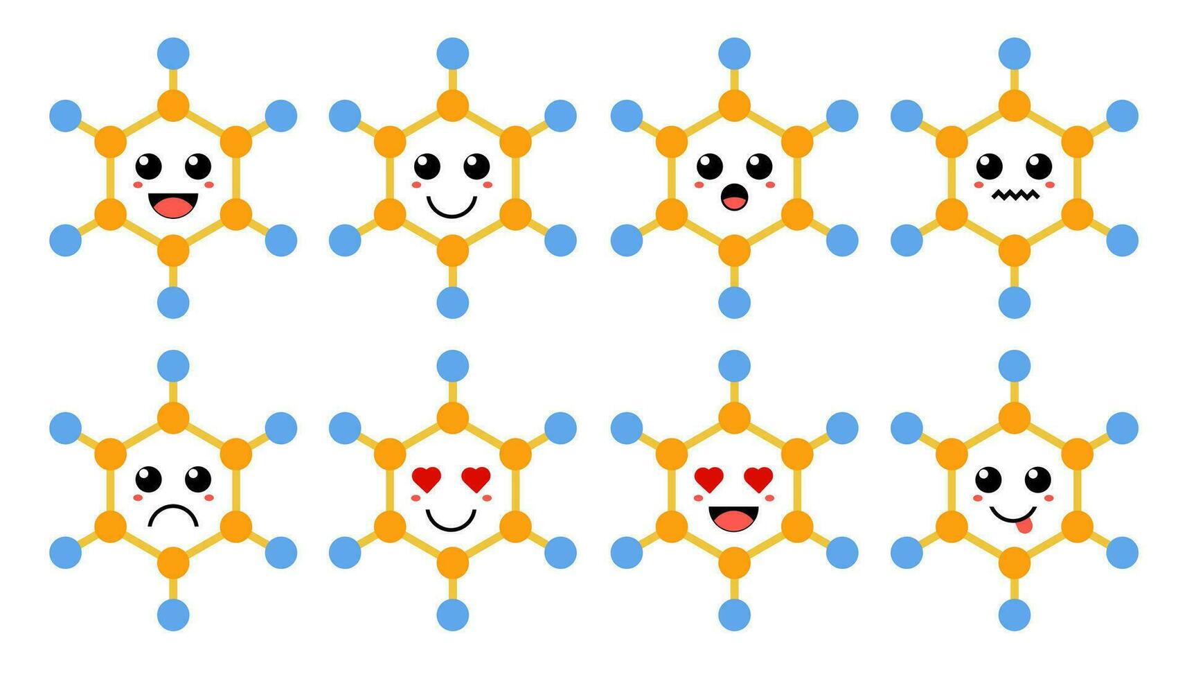 Set of cute cartoon colorful structure molecule with different emotions. Funny emotions character collection for kids. Fantasy characters. Vector illustrations, cartoon flat style