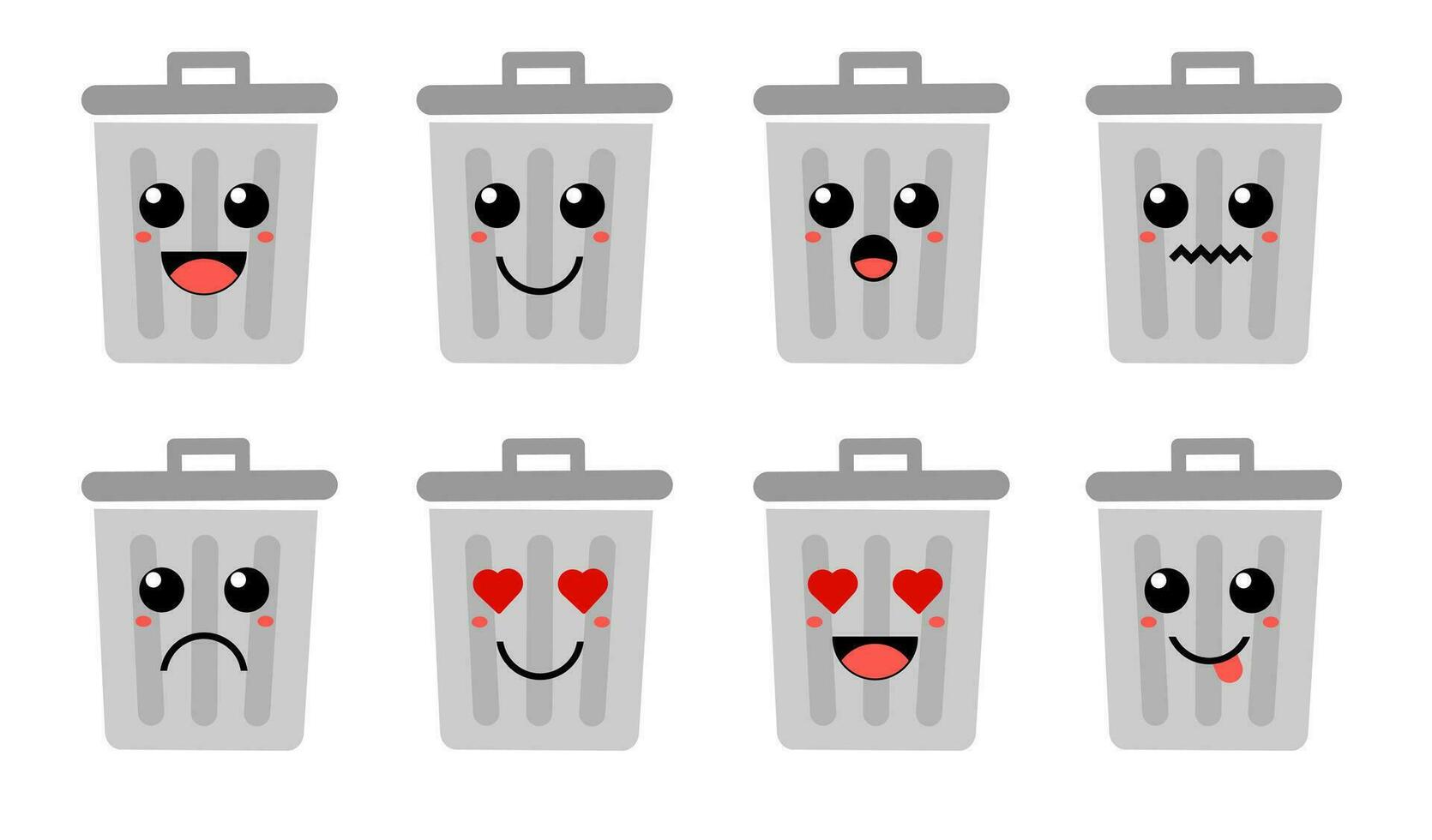 Set of cute cartoon colorful trash bin with different emotions. Funny emotions character collection for kids. Fantasy characters. Vector illustrations, cartoon flat style