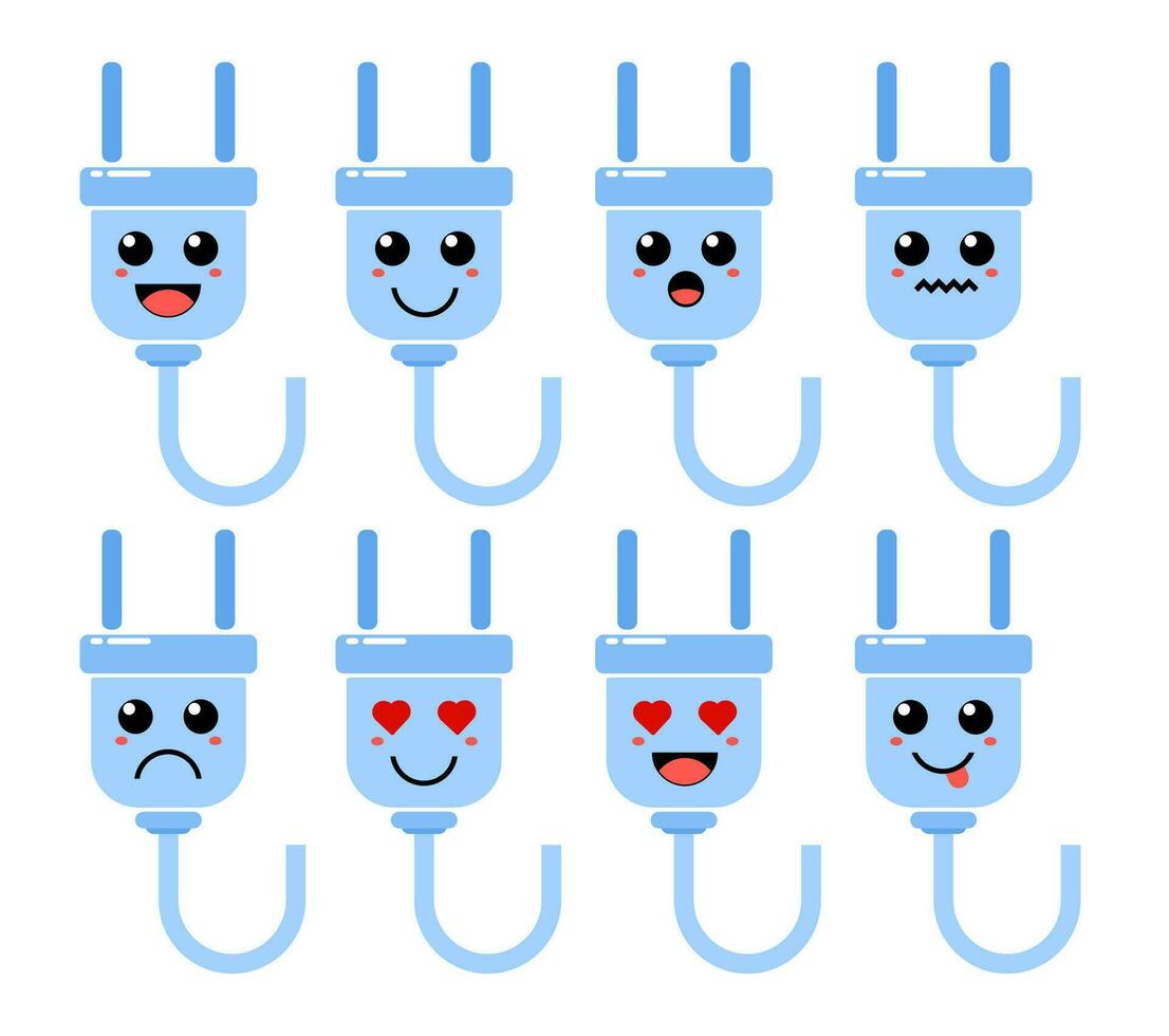 Set of cute cartoon colorful blue cable with different emotions. Funny emotions character collection for kids. Fantasy characters. Vector illustrations, cartoon flat style
