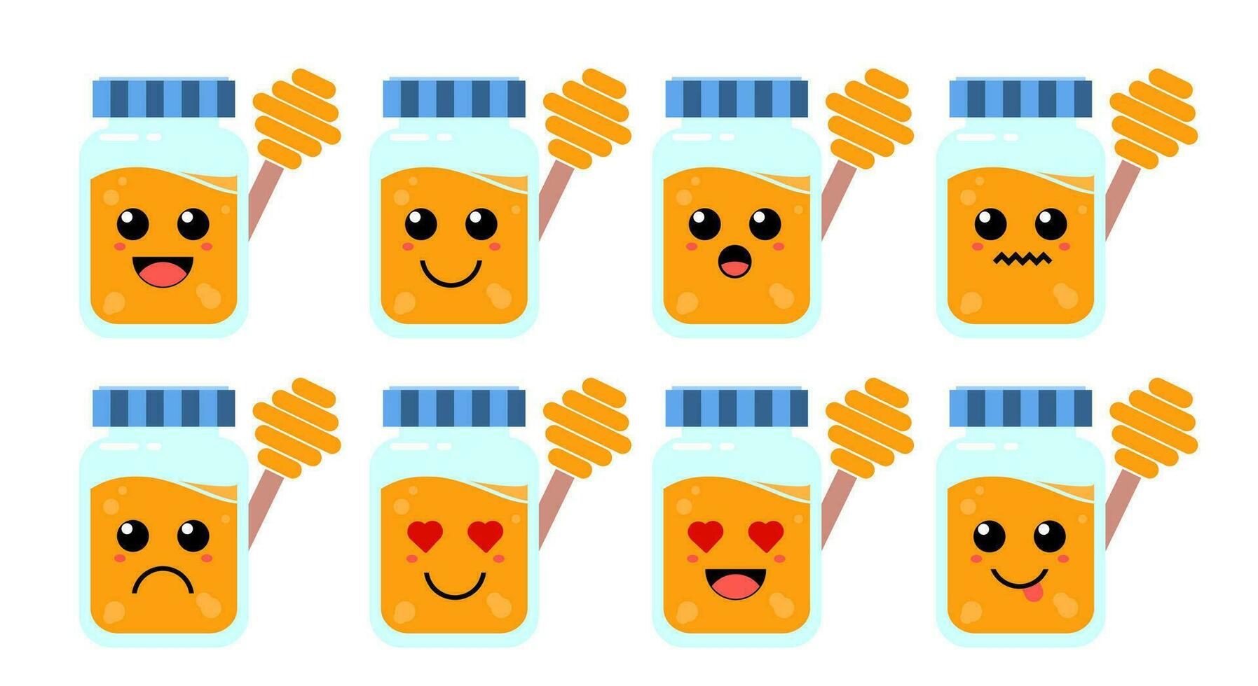 Set of cute cartoon colorful honey jar with different emotions. Funny emotions character collection for kids. Fantasy characters. Vector illustrations, cartoon flat style