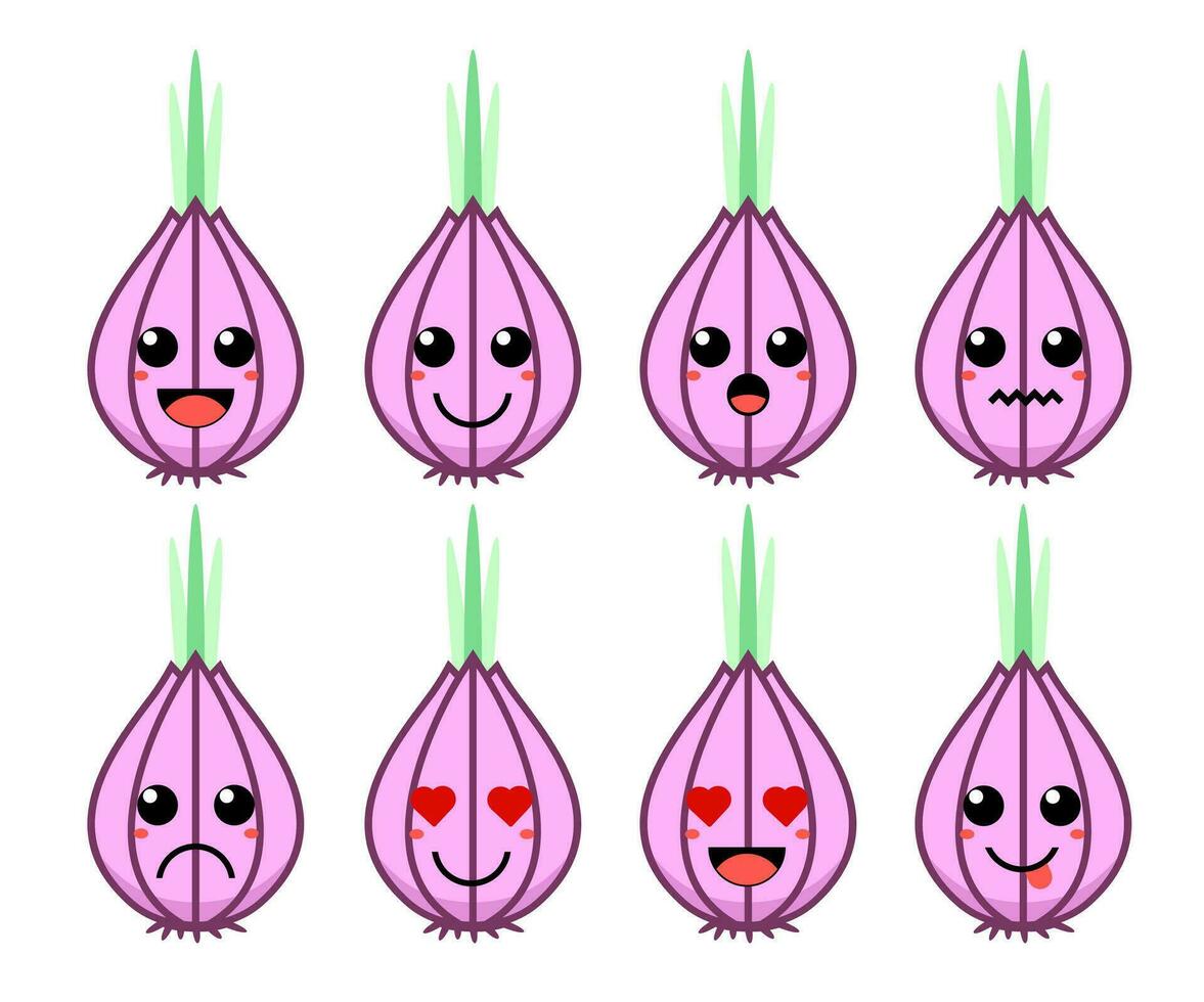conjunto de linda dibujos animados vistoso púrpura chalote con diferente emociones gracioso emociones personaje colección para niños. fantasía caracteres. vector ilustraciones, dibujos animados plano estilo