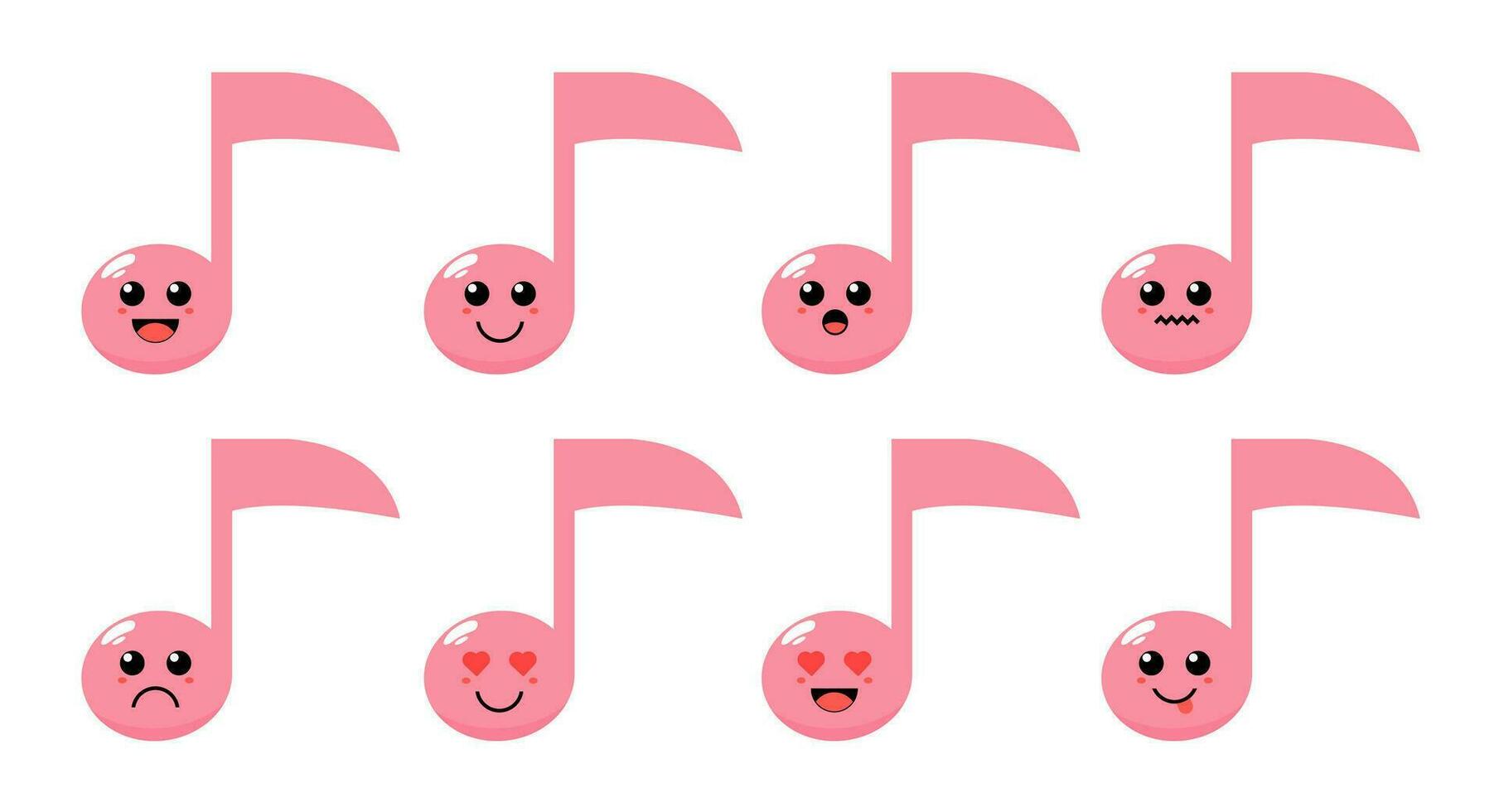 Set of cute cartoon colorful pink musical note with different emotions. Funny emotions character collection for kids. Fantasy characters. Vector illustrations, cartoon flat style