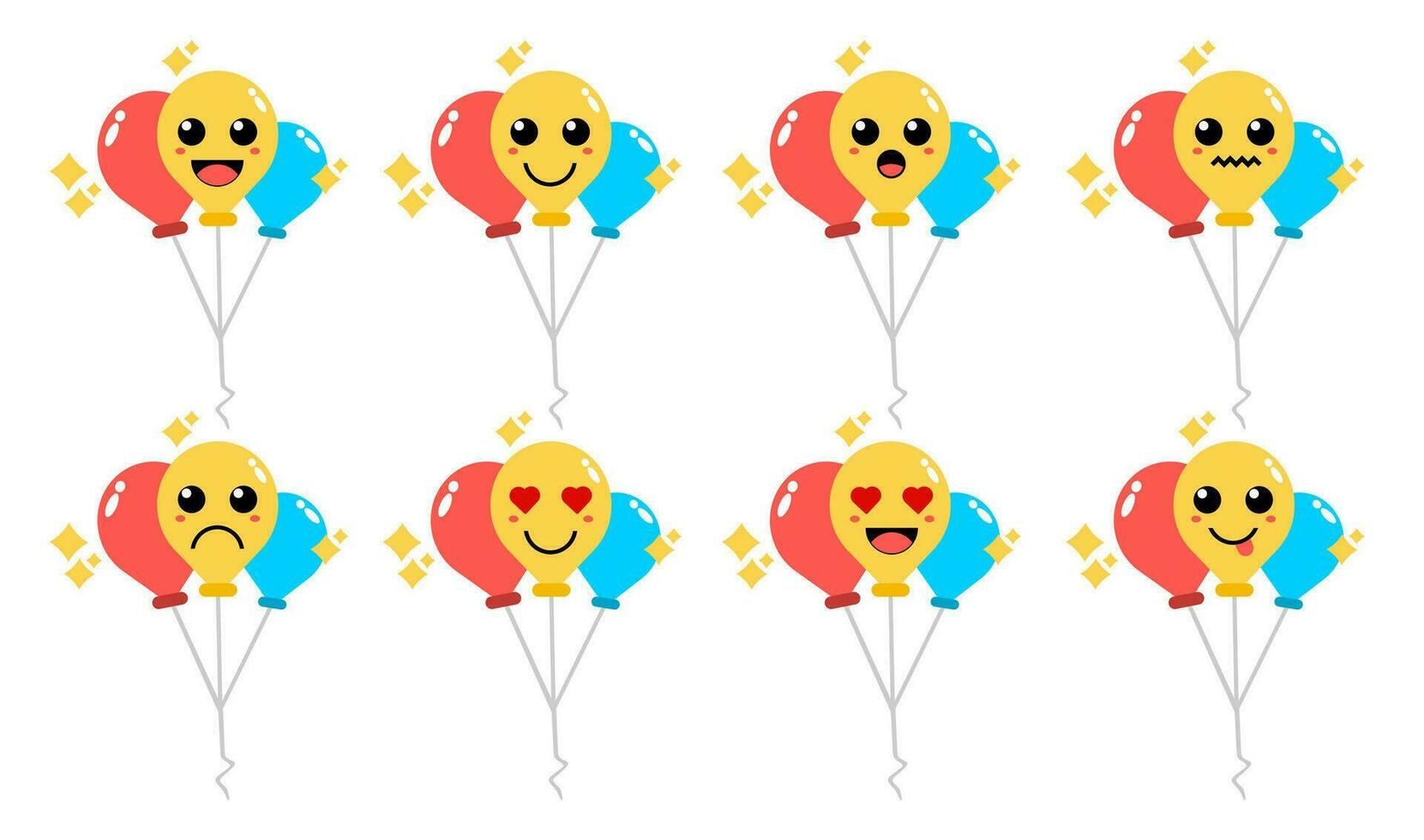 Set of cute cartoon colorful balloon with different emotions. Funny emotions character collection for kids. Fantasy characters. Vector illustrations, cartoon flat style