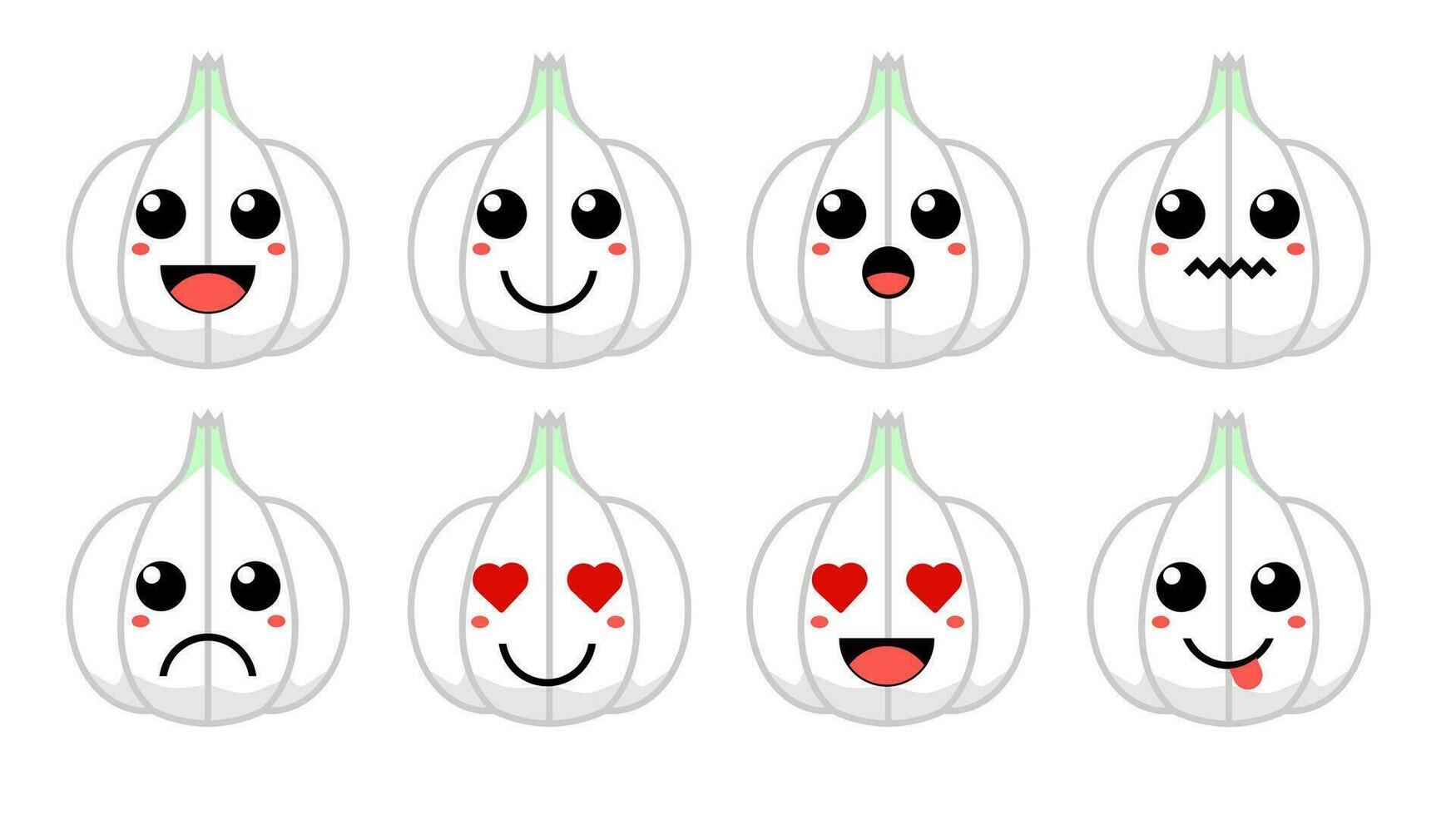 Set of cute cartoon colorful white onion garlic with different emotions. Funny emotions character collection for kids. Fantasy characters. Vector illustrations, cartoon flat style