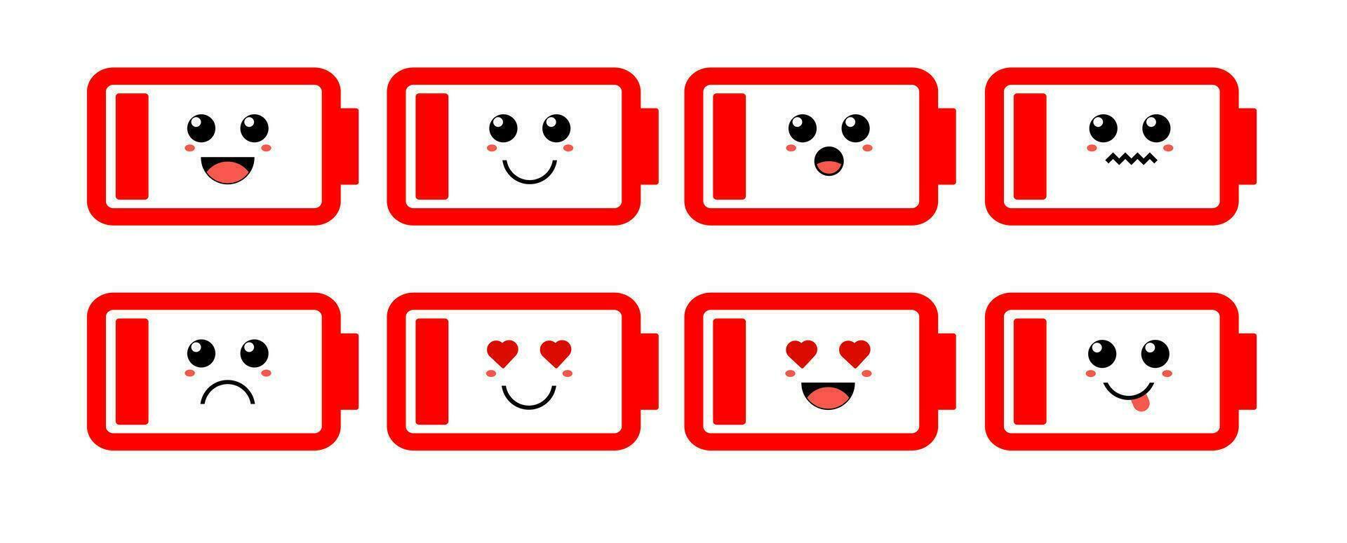 Set of cute cartoon colorful red low battery with different emotions. Funny emotions character collection for kids. Fantasy characters. Vector illustrations, cartoon flat style