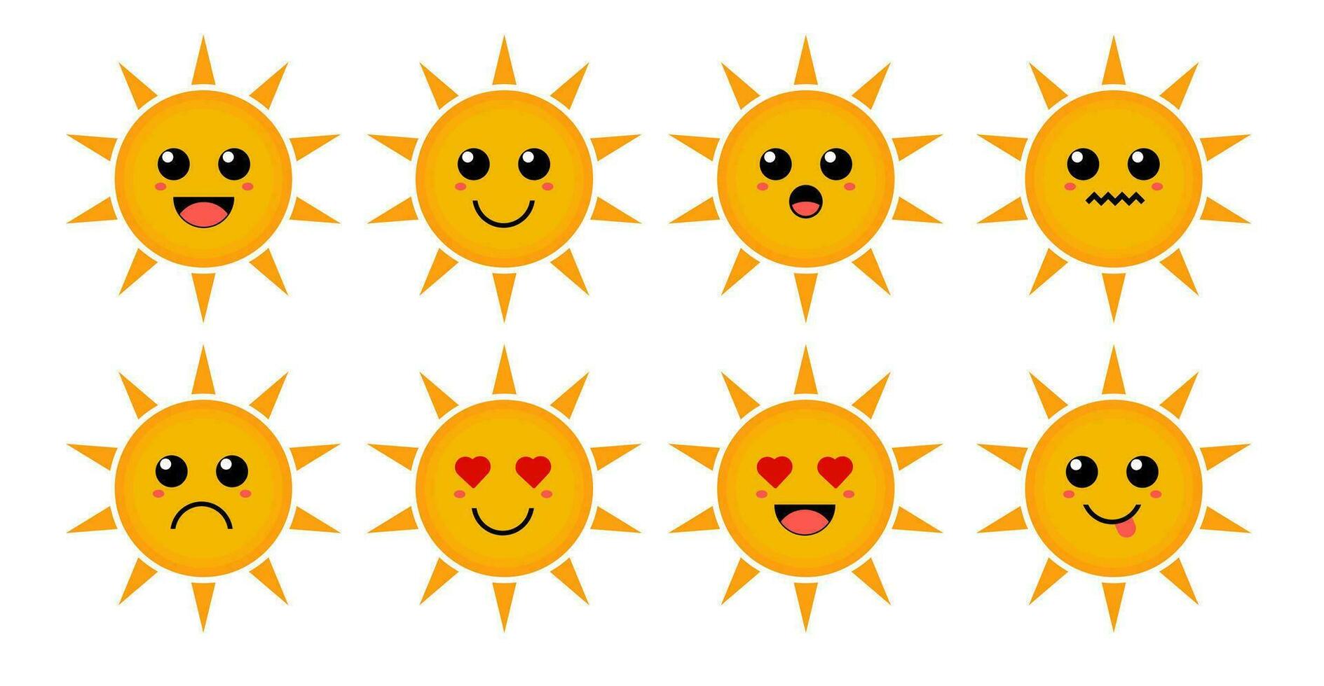 Set of cute cartoon colorful yellow sun with different emotions. Funny emotions character collection for kids. Fantasy characters. Vector illustrations, cartoon flat style