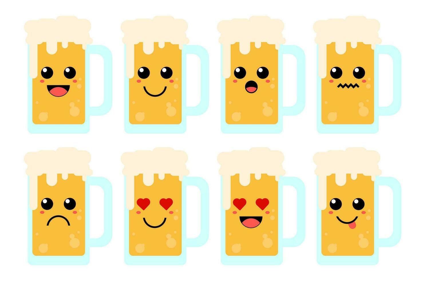 Set of cute cartoon colorful beer drink with different emotions. Funny emotions character collection for kids. Fantasy characters. Vector illustrations, cartoon flat style