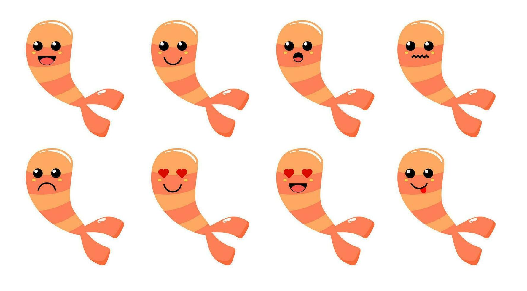 Set of cute cartoon colorful fried shrimp with different emotions. Funny emotions character collection for kids. Fantasy characters. Vector illustrations, cartoon flat style