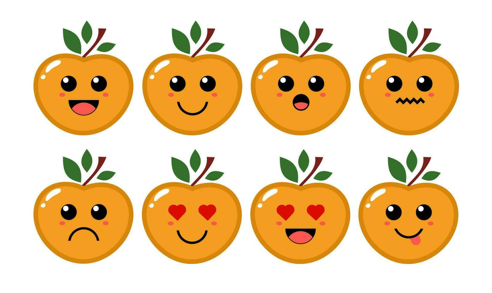 Set of cute cartoon colorful orange peach fruit with different emotions. Funny emotions character collection for kids. Fantasy characters. Vector illustrations, cartoon flat style