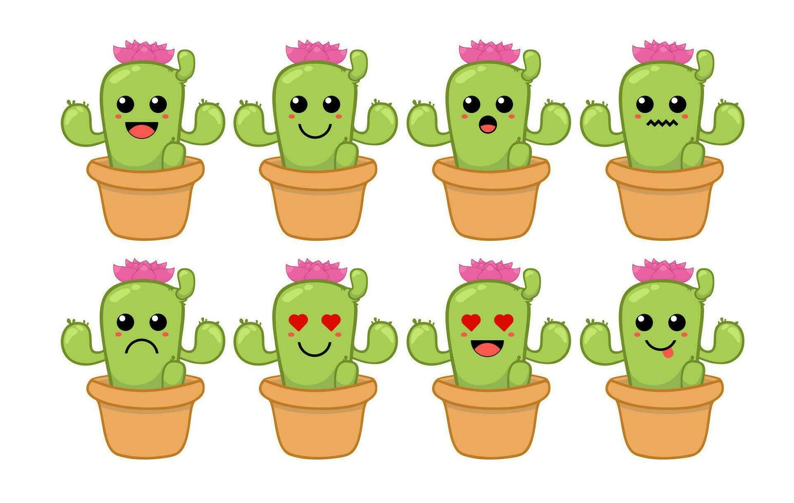 Set of cute cartoon colorful green cactus with different emotions. Funny emotions character collection for kids. Fantasy characters. Vector illustrations, cartoon flat style