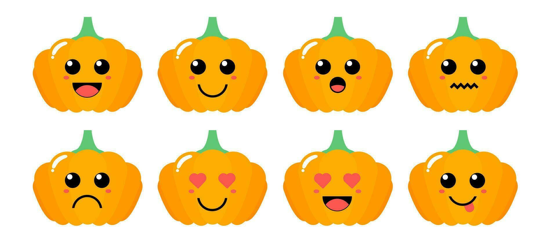 Set of cute cartoon colorful orange pumpkin with different emotions. Funny emotions character collection for kids. Fantasy characters. Vector illustrations, cartoon flat style