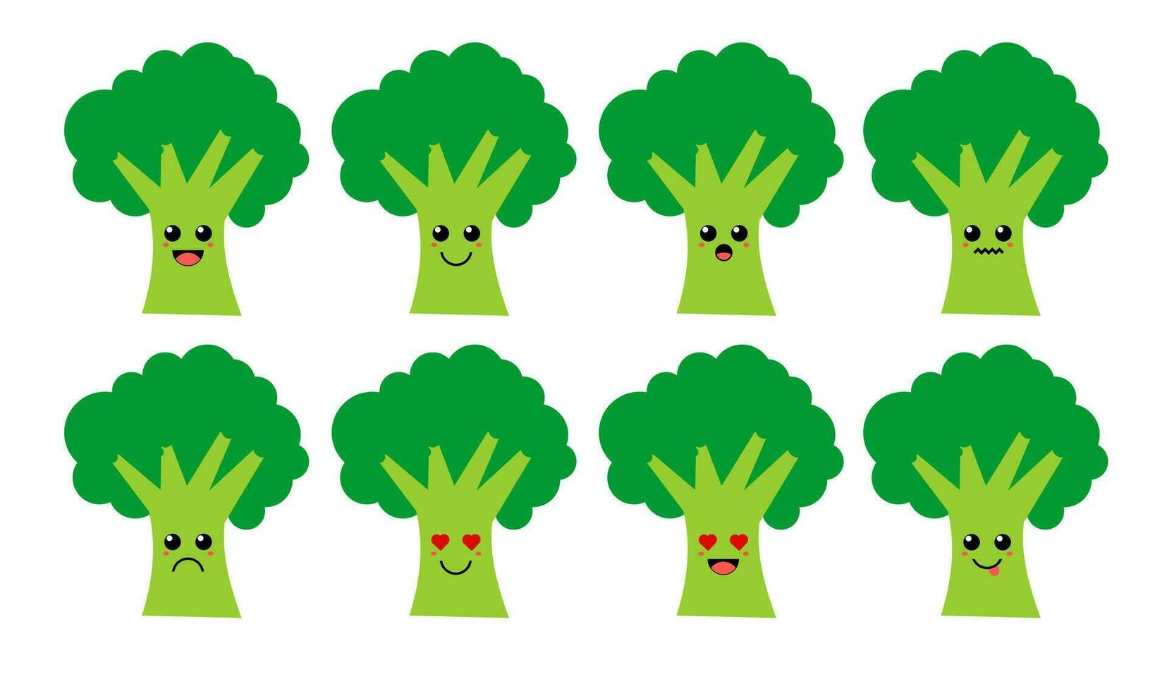 Set of cute cartoon colorful green broccoli vegetable with different emotions. Funny emotions character collection for kids. Fantasy characters. Vector illustrations, cartoon flat style