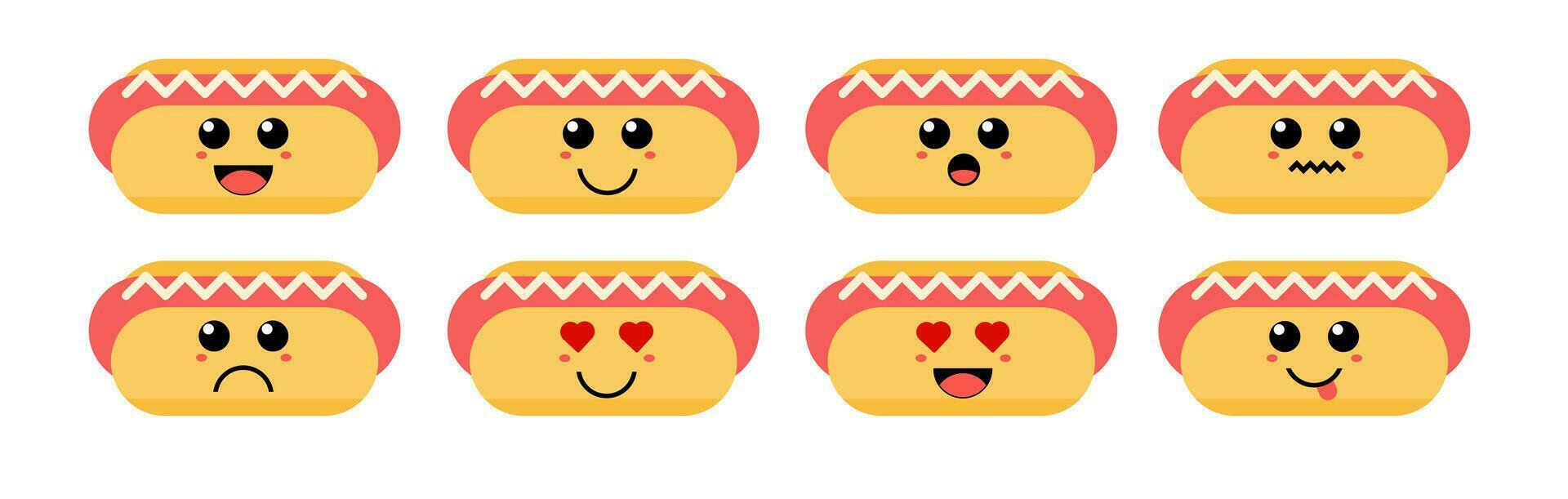 Set of cute cartoon colorful hot dog with different emotions. Funny emotions character collection for kids. Fantasy characters. Vector illustrations, cartoon flat style