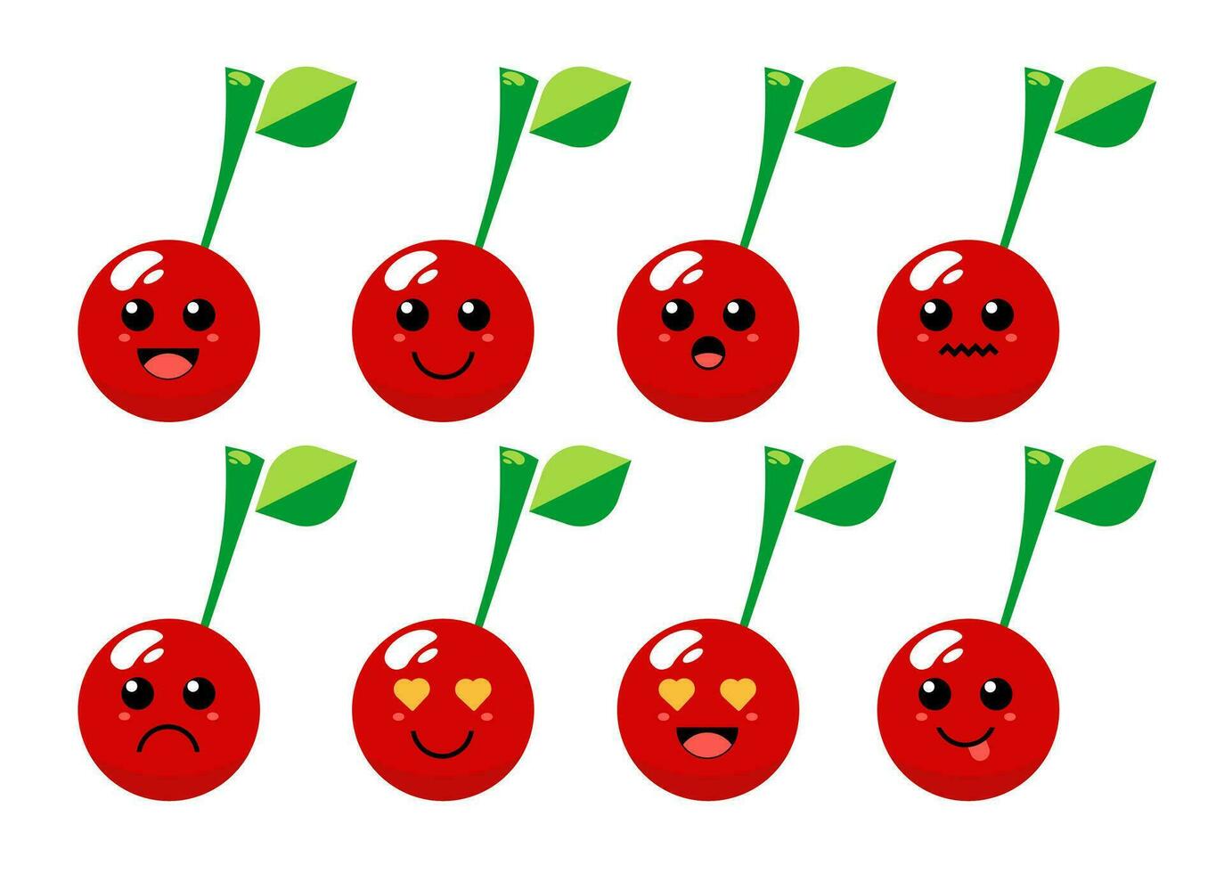 Set of cute cartoon colorful red cherry fruit with different emotions. Funny emotions character collection for kids. Fantasy characters. Vector illustrations, cartoon flat style