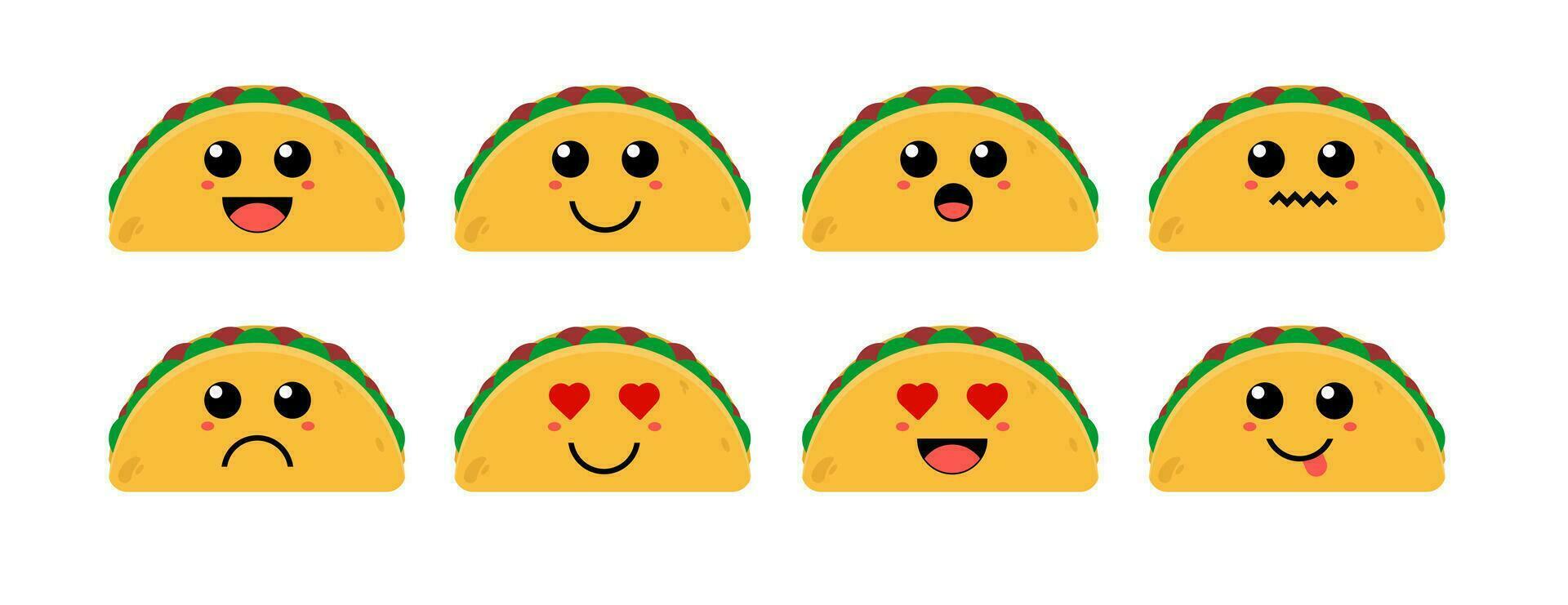 Set of cute cartoon colorful taco with different emotions. Funny emotions character collection for kids. Fantasy characters. Vector illustrations, cartoon flat style