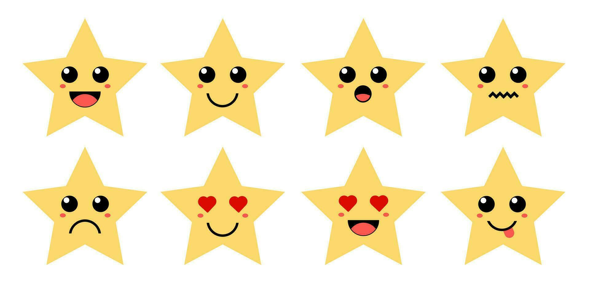 Set of cute cartoon colorful yellow star with different emotions. Funny emotions character collection for kids. Fantasy characters. Vector illustrations, cartoon flat style