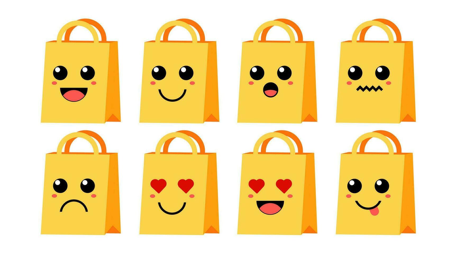 conjunto de linda dibujos animados vistoso amarillo tienda bolso con diferente emociones gracioso emociones personaje colección para niños. fantasía caracteres. vector ilustraciones, dibujos animados plano estilo