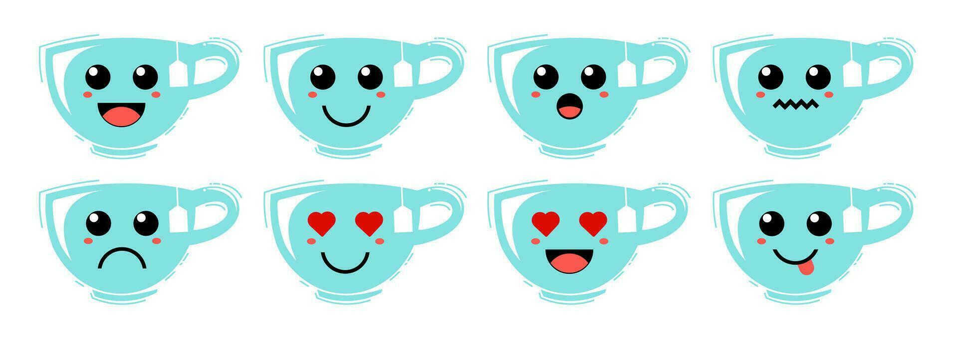Set of cute cartoon colorful blue tea mug with different emotions. Funny emotions character collection for kids. Fantasy characters. Vector illustrations, cartoon flat style